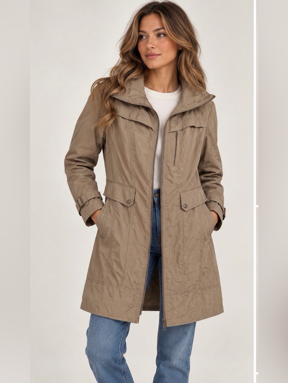 Cole Haan Women’s Taupe Hooded Rain Coat Utility Jacket Drawstring Waist Small